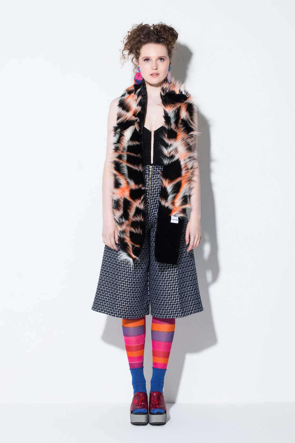 suitcase of memories| a fun faux fur scarf accessory in colour blocks from jin & yin styled with hand-painted tights