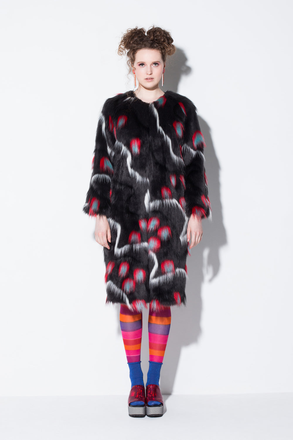  jinyin code| a quirky faux fur coat in black desert pattern from jin & yin front view 