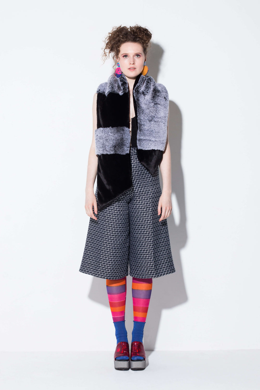 suitcase of memories| a fun faux fur scarf accessory in colour blocks from jin & yin styled with hand-pained tights