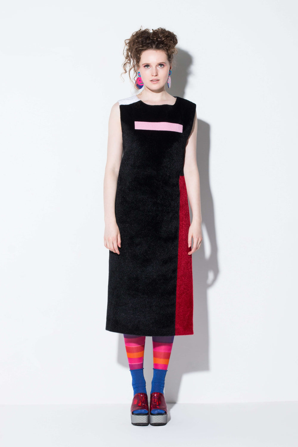 day meets night|a key piece faux fur long vest in black white red pink colourway from jin & yin front view