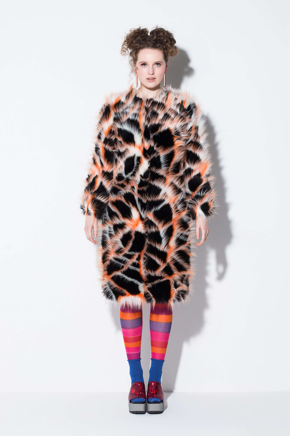  jinyin code| a quirky faux fur coat in flash orange upside-down from jin & yin front view 