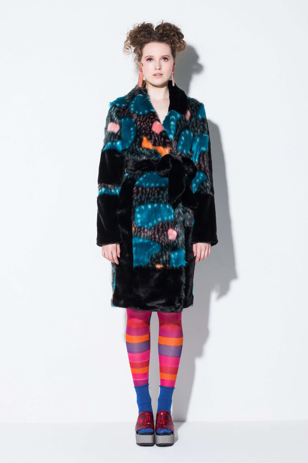 pajama party| a romantic faux fur trench coat in the blue galaxy pattern from jin & yin front view